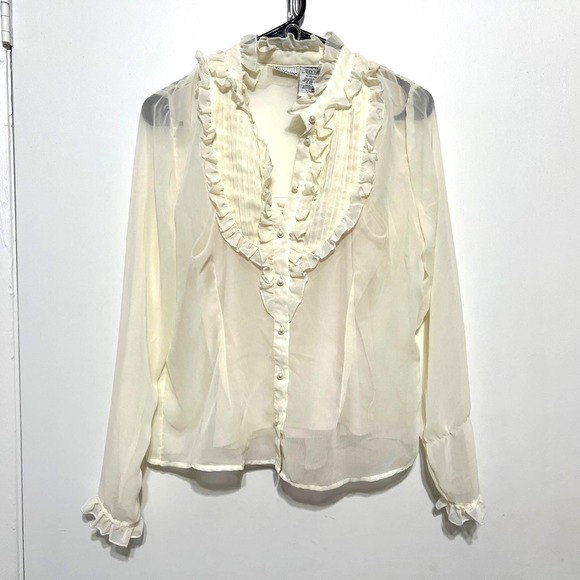 White Stag Tops - Vintage Womens Victorian Ivory Sheer Ruffle Top Size M Pearl Buttons Ethereal